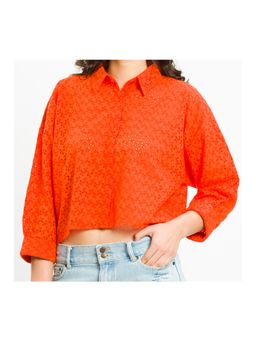 How When Wear - Red Floral Broderie Crop Shirt