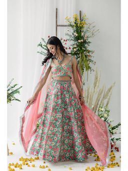 Old Marigold - Harsingaar Pink Printed Chanderi Lehenga with Blouse and Dupatta