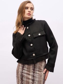 Styli - Women Solid Regular Fit Short Length Jacket with Hem Detail
