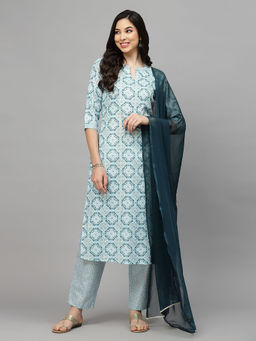 Stylum - Womens Printed Cotton Blend Kurta Pant Dupatta - Blue (Set of 3)