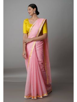 Unnati Silks - Peach Red Pure Plain Kota Cotton Saree with Unstitched Blouse