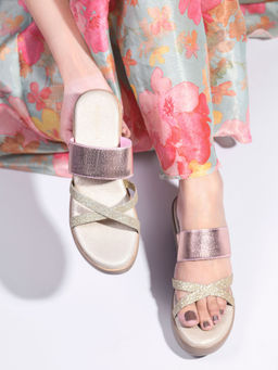 CLOG LONDON - Women Casual Gold & Pink Heeled Wedges