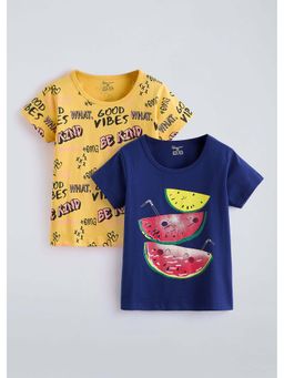 Hopscotch - Graphic Cotton Yellow And Blue T-shirts (Pack of 2)