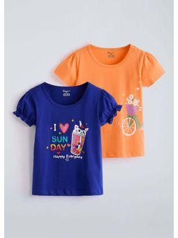 Hopscotch - Graphic Cotton Blue And Orange T-shirts (Pack of 2)