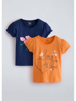 Hopscotch - Graphic Cotton Navy Blue And Orange T-shirts (Pack of 2)