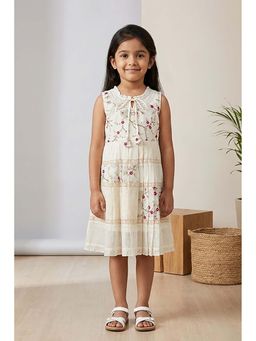 Lagorii - Off-White Floral Embroidered Dress With Tie-Up Neck