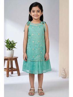 Lagorii - Turquoise Sleeveless Dress With Pintuck Pleats