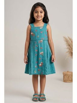 Lagorii - Teal Floral Embroidered Dress With Lace Panels