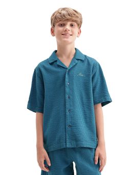 RARE ONES - Teal Cuban Collar Seersucker Shirt
