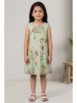 Lagorii - Mint Green Floral Printed Dress With Smocked Yoke