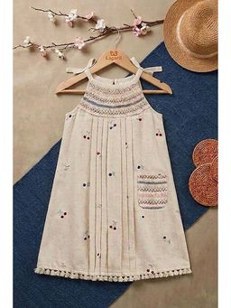 Lagorii - Off-White Embroidered Dress With Smocked Yoke And Pocket