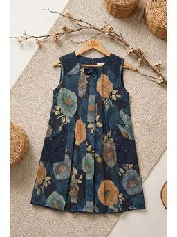 Lagorii - Blue Floral Printed Dress With Lace Panels And Pleats