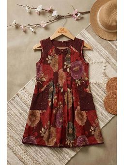 Lagorii - Maroon Floral Printed Dress With Lace Panels And Pleats