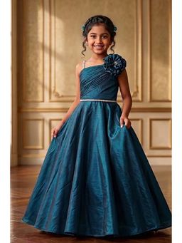 Lagorii - Teal Blue One-Shoulder Party Gown With Floral Applique