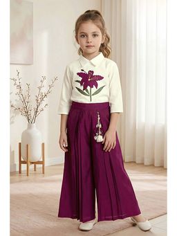 Lagorii - Wine Floral Embroidered Top With Pleated Pant