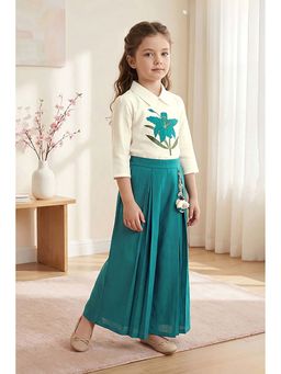 Lagorii - Teal Floral Embroidered Top With Pleated Pant
