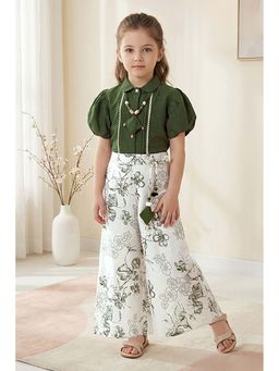 Lagorii - Forest Green Half Sleeve Top With Printed Pant