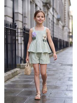 Lagorii - Pista Green Peplum With Floral Applique Co-Ord Set