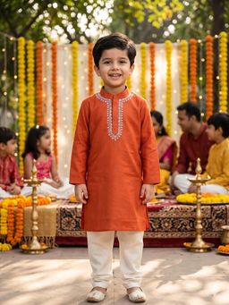 CHUCKLES AND CUDDLES - Boys Orange Embroidered Silk Blend Kurta And Churidar