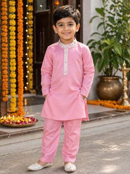 CHUCKLES AND CUDDLES - Boys Pink Embroidered Silk Mandarin Neck Kurta And Pyjama