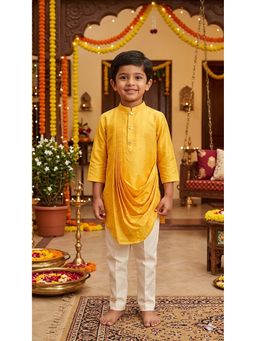 CHUCKLES AND CUDDLES - Boys Yellow Plain Silk Mandarin Neck Kurta And Pyjama