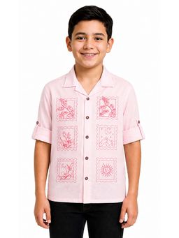 CAVIO - Pink Boys Cotton Full Sleeves Embroidered Shirt