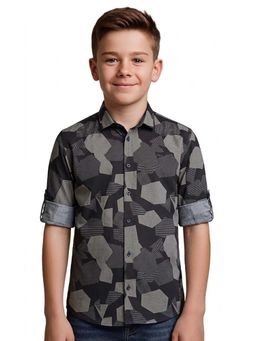 CAVIO - Grey Boys Roll-Up Sleeves Geometric Printed Casual Shirt