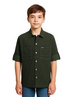 CAVIO - Green Boys Roll-Up Sleeves Utility Style Solid Shirt