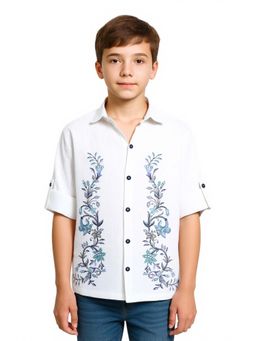 CAVIO - White Boys Roll-Up Sleeves Floral Printed Shirt