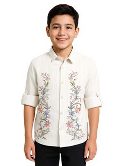 CAVIO - White Boys Roll-Up Sleeves Floral Printed Shirt
