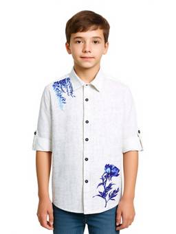 CAVIO - Blue Boys Roll-Up Sleeves Floral Printed Casual Shirt