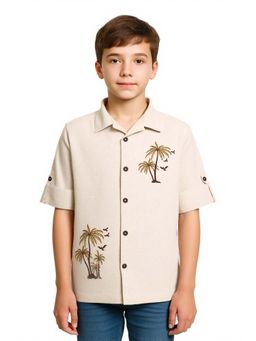 CAVIO - Beige Boys Full Sleeves Embroidered Shirt