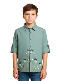 CAVIO - Green Boys Roll-Up Sleeves Embroidered Casual Shirt