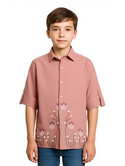 CAVIO - Peach Boys Roll-Up Sleeves Embroidered Casual Shirt