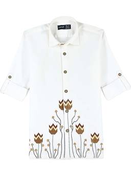 CAVIO - White Boys Roll-Up Sleeves Embroidered Casual Shirt