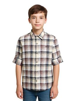 CAVIO - Brown Boys Roll-Up Sleeves Casual Checked Shirt