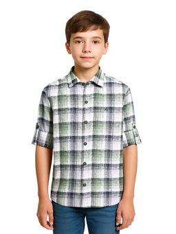 CAVIO - Green Boys Roll-Up Sleeves Casual Checked Shirt