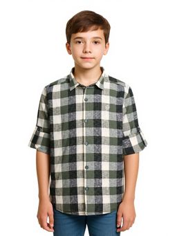 CAVIO - Olive Boys Roll-Up Sleeves Casual Checked Shirt