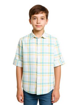 CAVIO - Green Boys Roll-Up Sleeves Casual Checked Shirt