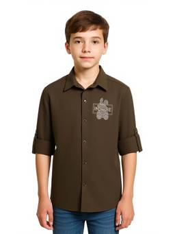 CAVIO - Brown Boys Roll-Up Sleeves Graphic Print Casual Shirt