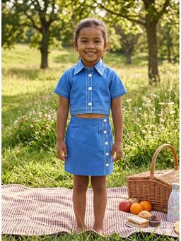CHUCKLES AND CUDDLES - Girls Blue Plain Cotton Collar Neck Co-Ord Set