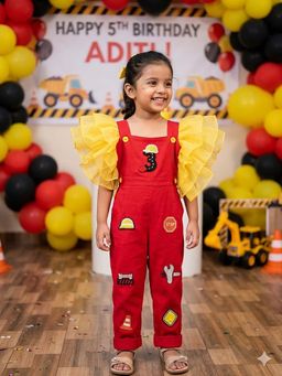 CHUCKLES AND CUDDLES - Girls Red Embroidered Cotton Dungaree