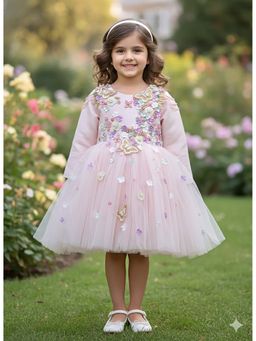 CHUCKLES AND CUDDLES - Girls Pink Embroidered Net Dress