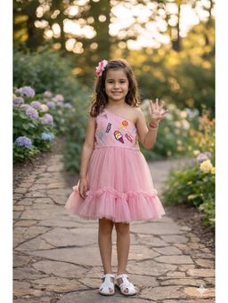 CHUCKLES AND CUDDLES - Girls Pink Embroidered Net Dress