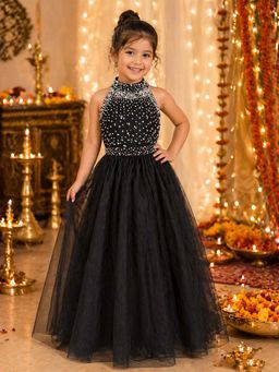 CHUCKLES AND CUDDLES - Girls Black Embroidered Satin Halter Neck Top And Skirt
