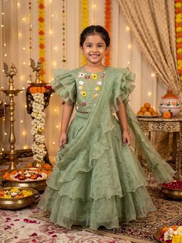 CHUCKLES AND CUDDLES - Green Embroidered Organza Blouse And Lehenga With Dupatta