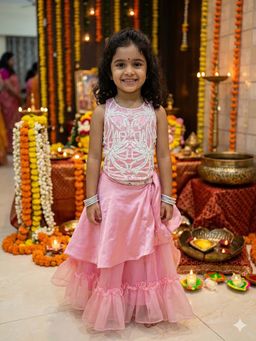 CHUCKLES AND CUDDLES - Girls Pink Embroidered Silk Blend Halter Neck Top And Skirt
