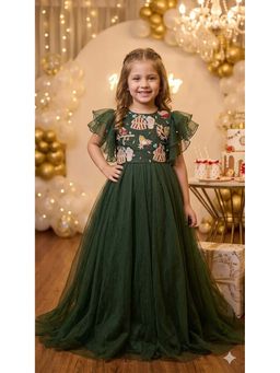 CHUCKLES AND CUDDLES - Girls Green Embroidered Silk Blend Gown