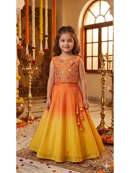 CHUCKLES AND CUDDLES - Girls Orange Embroidered Silk Round Neck Blouse And Lehenga