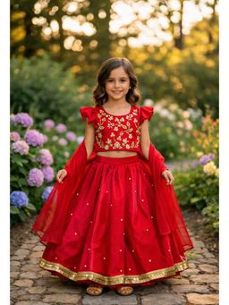 CHUCKLES AND CUDDLES - Red Embroidered Organza Blouse And Lehenga With Dupatta